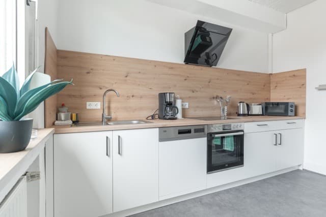 Küche des Workers Home S12 mit Holzrückwand